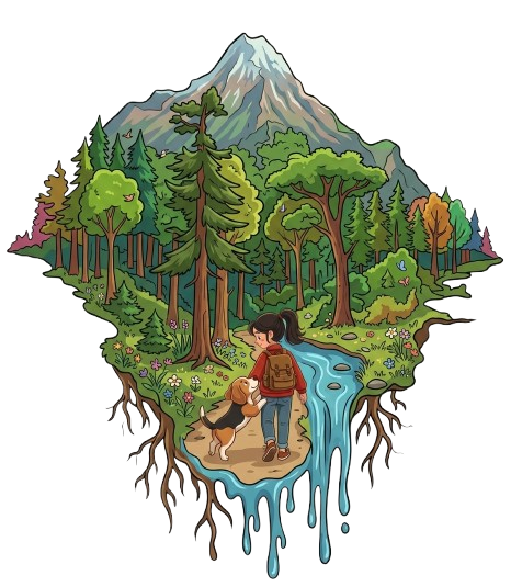 Tanya and her dog exploring a magical forest
